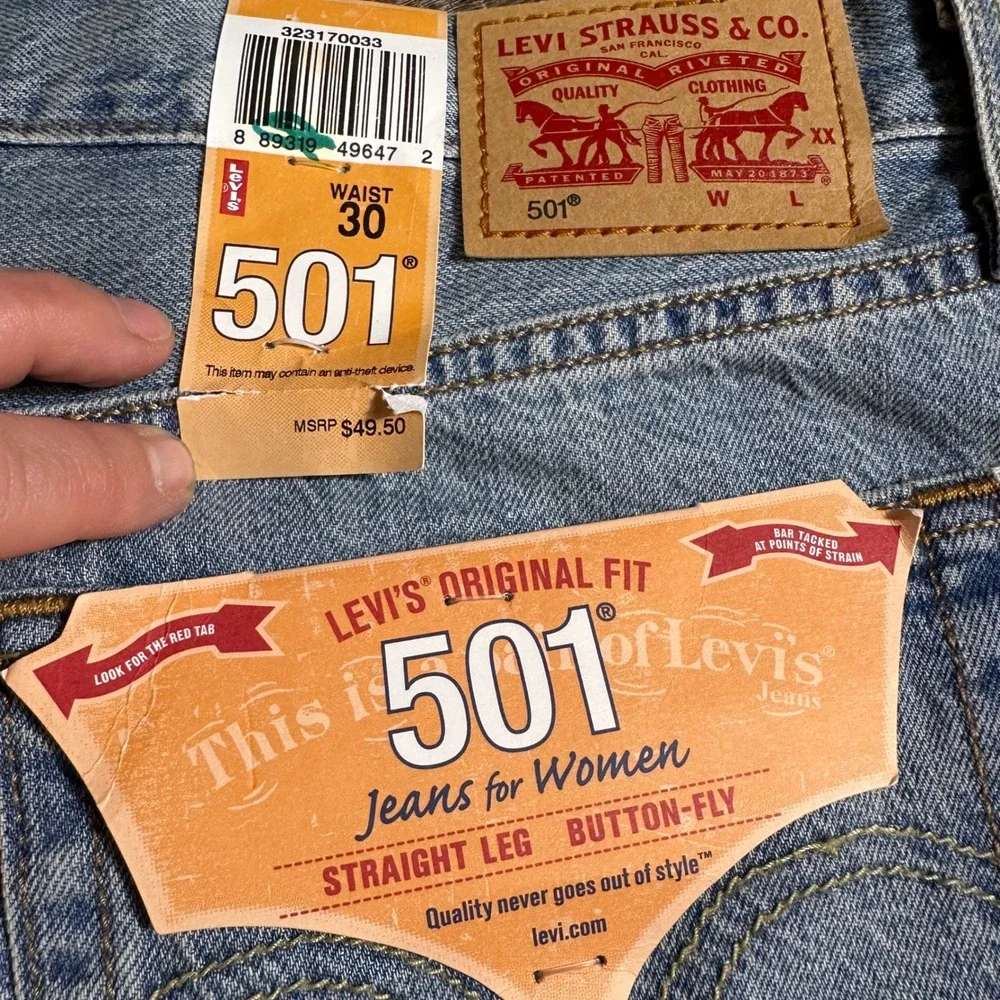 Levi's 501 Original Fit Shorts Women Size 30 Blue Distressed Patch Denim NEW